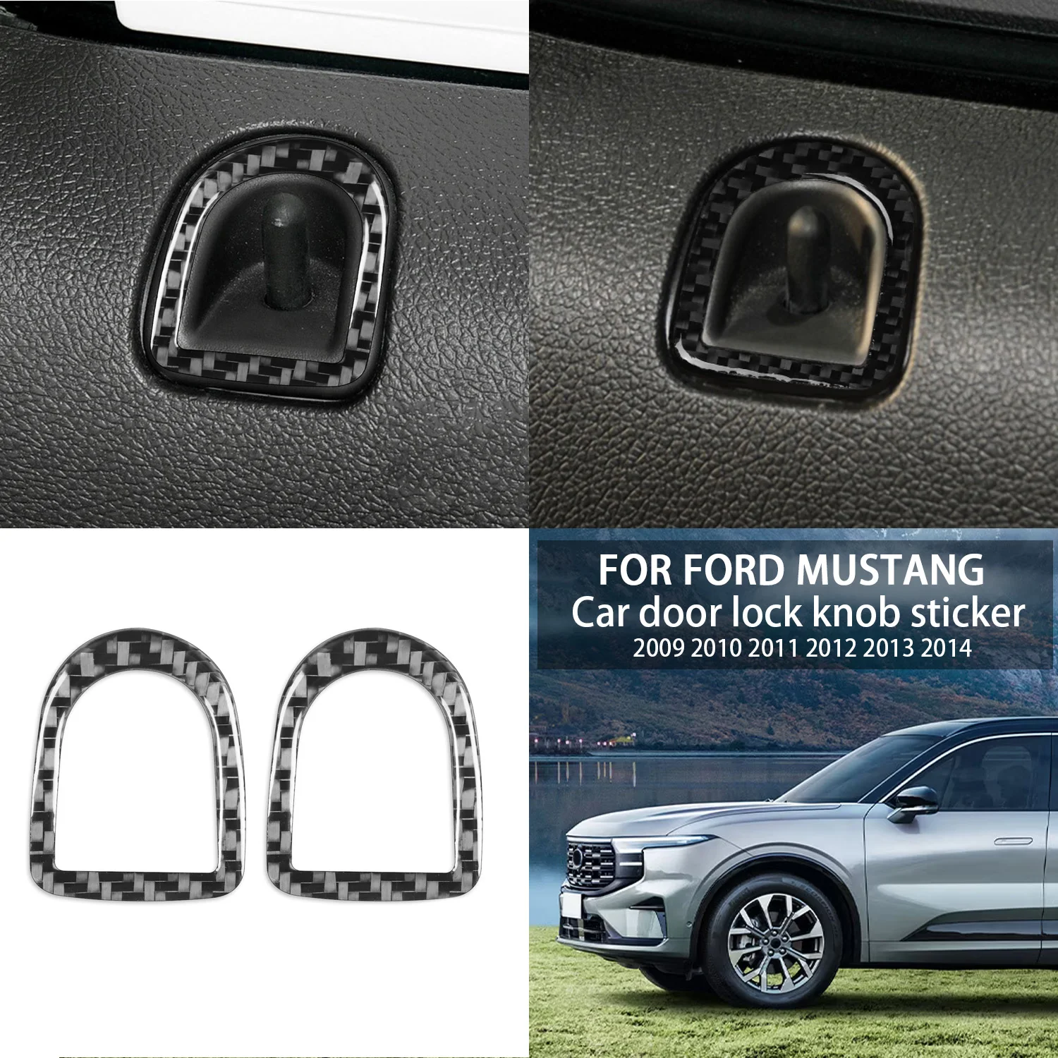 لفورد موستانج 2009-2014 باب السيارة قفل دبوس مقبض الباب ملصق مائي ألياف الكربون الداخلية غطاء الكسوة موستانج اكسسوارات #1