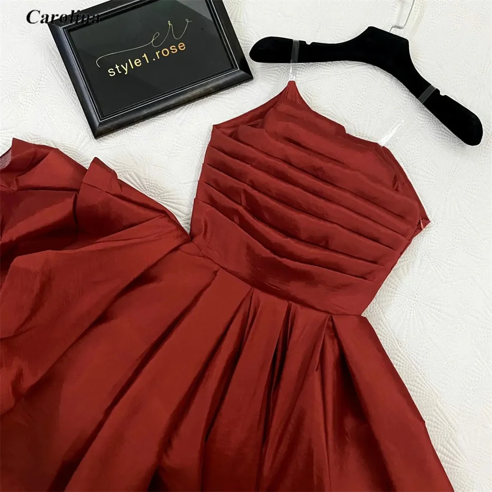 Vestido De fiesta De un hombro para mujer, traje elegante De satén rojo, sin mangas, fruncido, para ocasiones, De noche