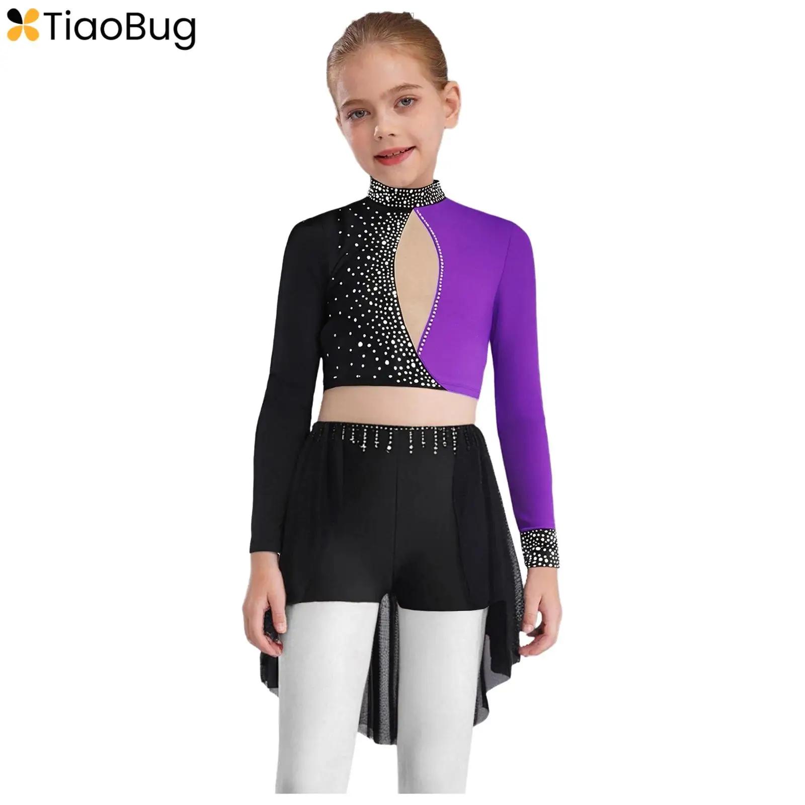 

2Pcs Kids Girls Figure Skating Performance Dancewear Lyrical Ballet Dance Outfit Long Sleeve Sparkly Rhinestones Crop Top+Skirts
