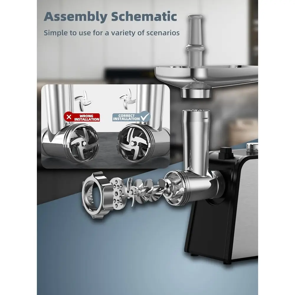 3200W Max Electric Meat Grinder & Sausage Maker with 2 Blades, 3 Plates, 3 Tubes & Kubbe Kit for Home Kitchen Use