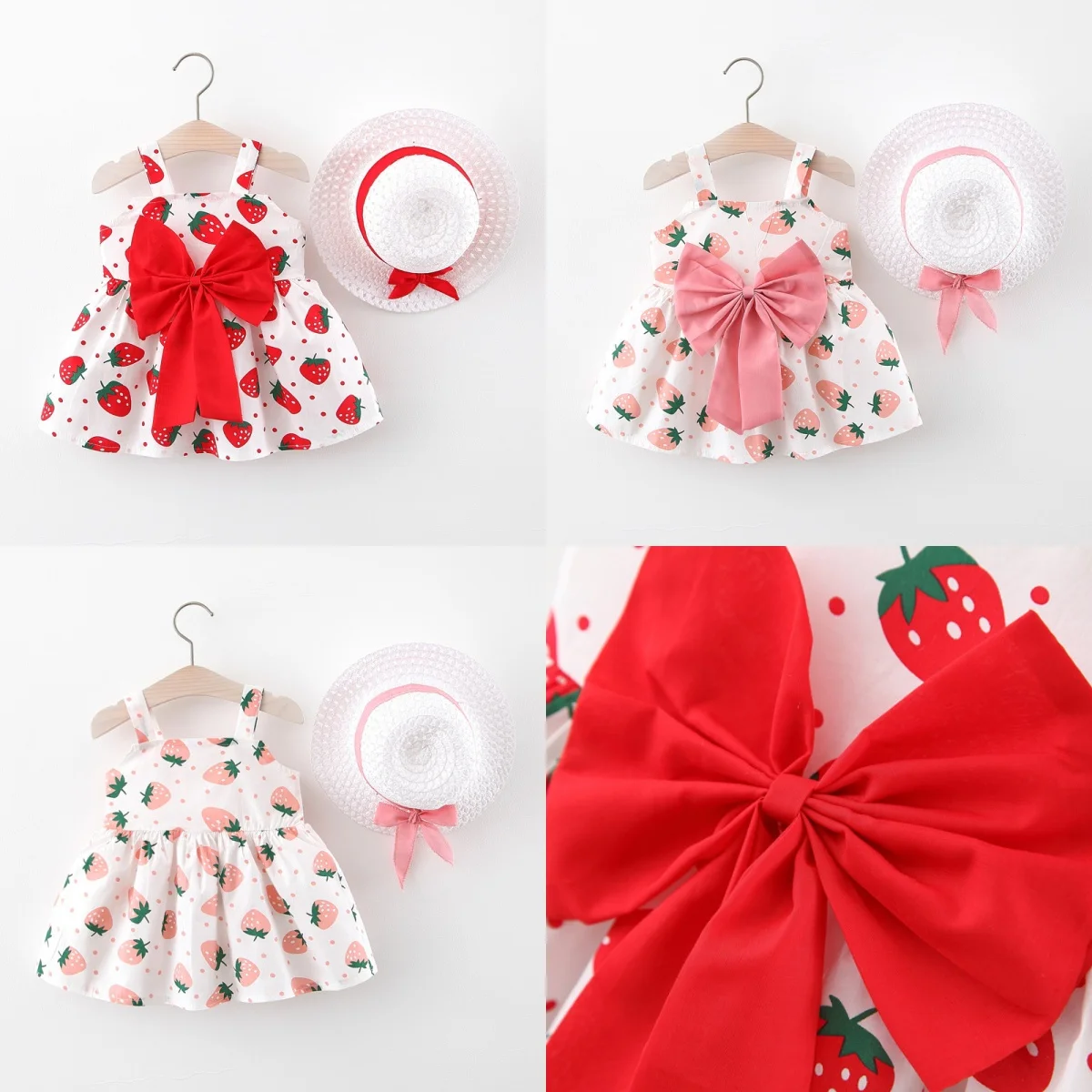 2Pcs/SetSummer Girls\' Dress New Cross border Children\'s Wear Cute Bow Decoration Strawberry Print Sling Dress Comes with Hat