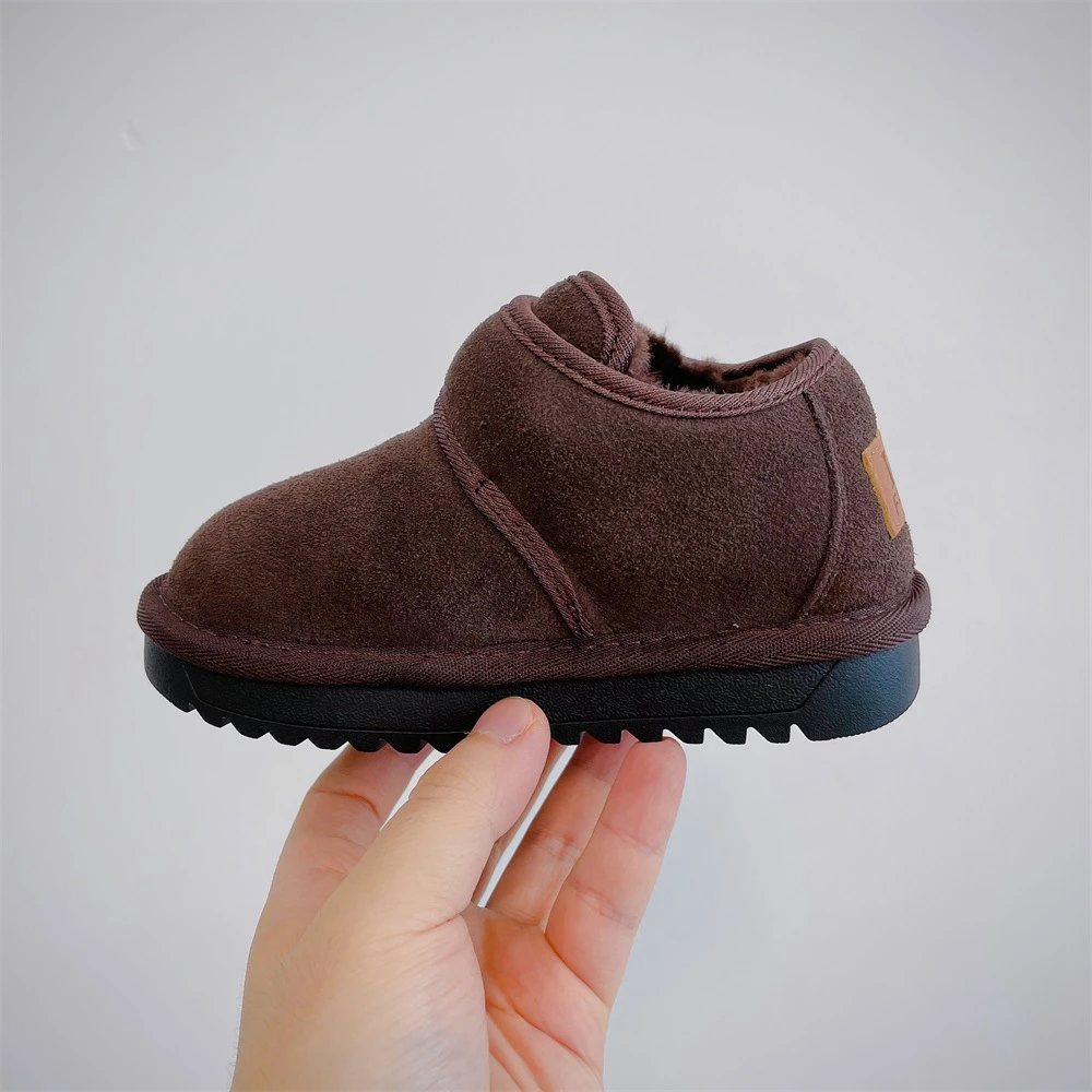 Genuine leather children\'s snow boots 2024 winter boys baby bread shoes thickened plus velvet girls cotton shoes short boots