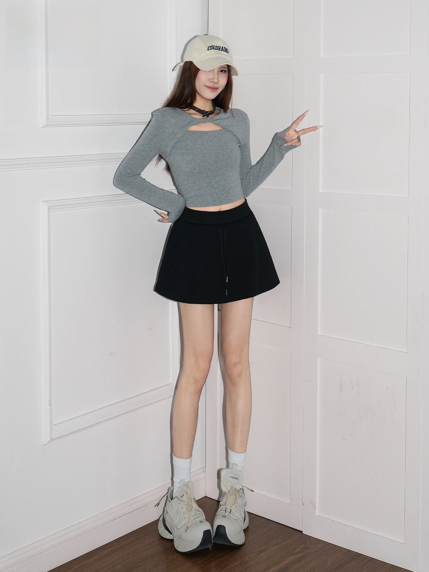 

High Waist A-Line Skirt Women's Sporty Black Design Sensation Drawstring Slimming Spring 2026 New Casual Style Cotton Po...