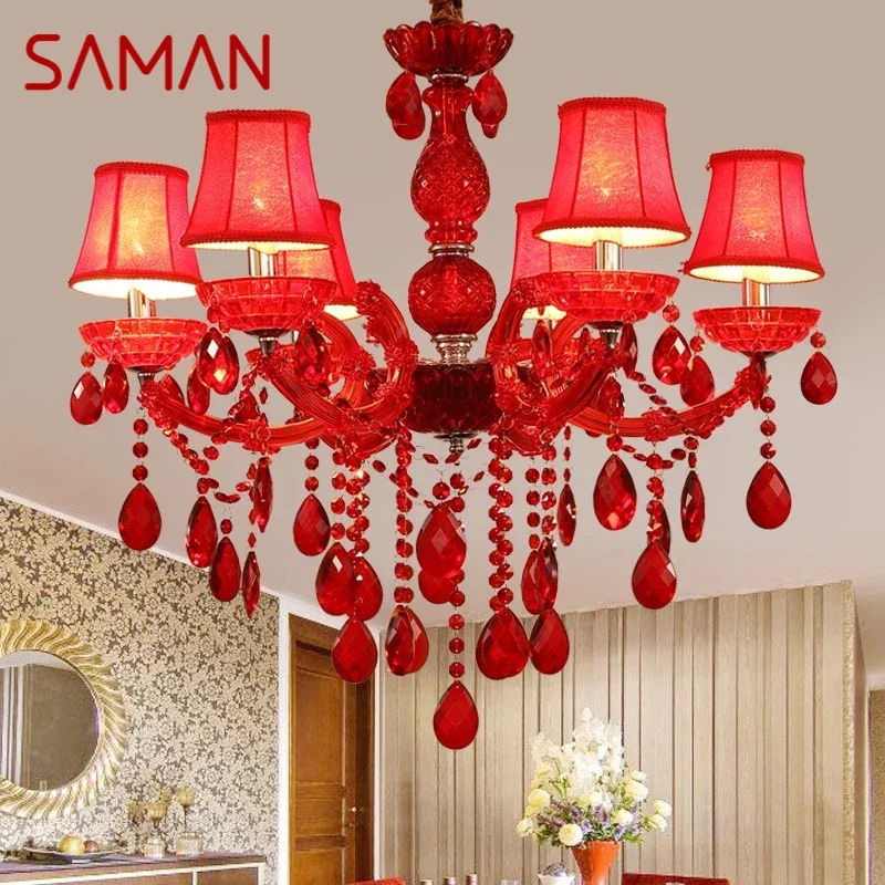 SAMAN European Style Crystal Pendent Lamp Red Candle Lamp Luxurious Living Room Restaurant  Bedroom Villaex Building Chandelier