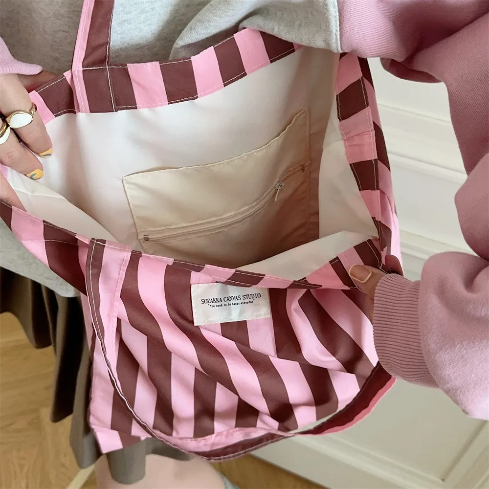 Youda New Cotton Fabric Shoulder Bag for Women Fashion Striped Pattern Handbag Large Casual Capacity Shopper Tote Bags