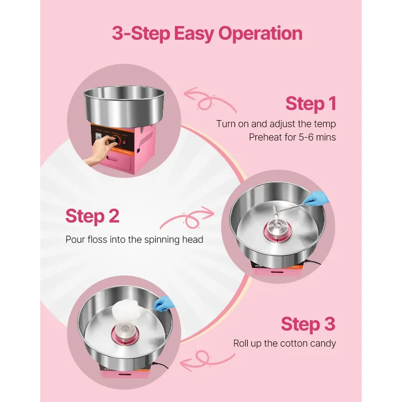 VEVOR Macchina elettrica per zucchero filato, filo interdentale commerciale da 1000 W con ciotola in acciaio inossidabile, paletta per zucchero e cassetto, perfetta