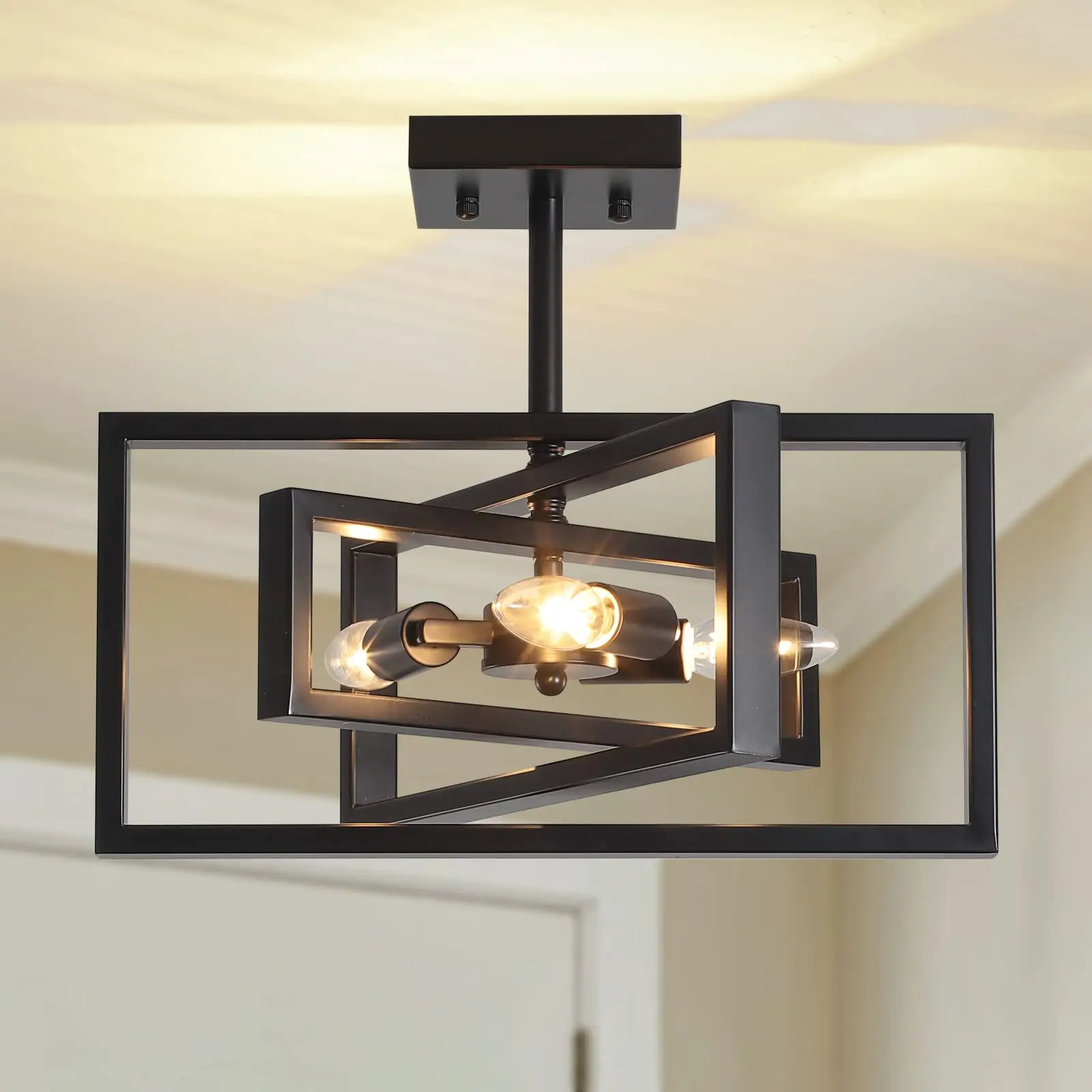 Semi Flush Mount Ceiling Light, 3 Light Black Industrial Light Fixtures Ceiling Mount,Farmhouse Square Metal Close to Ceiling