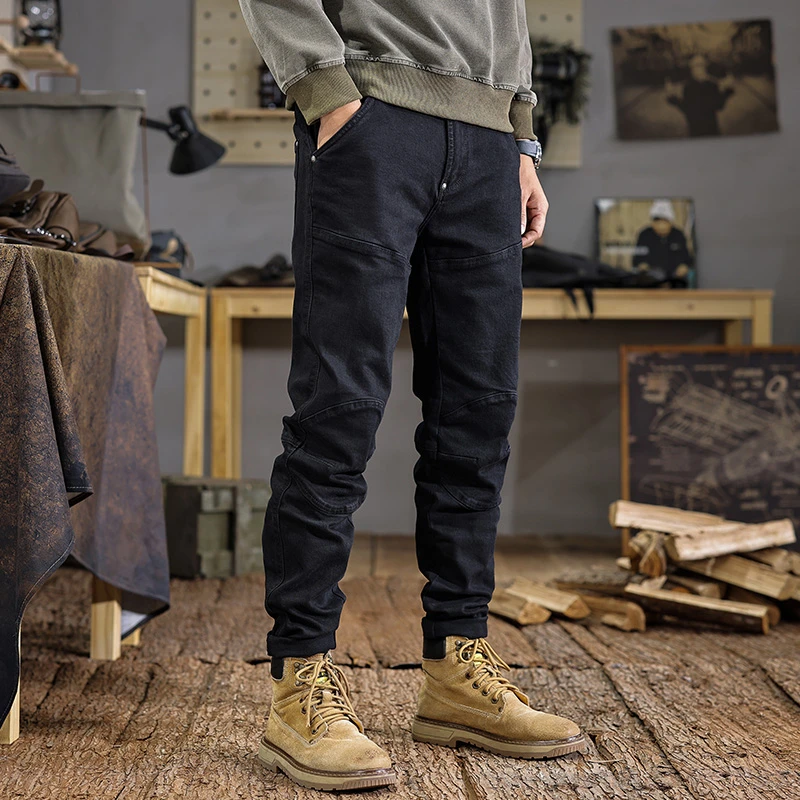 

Men's Spring 2025 American Casual Patchwork Black Jeans - Biker Style Washed Tapered Straight Stretch Denim Pants High Street