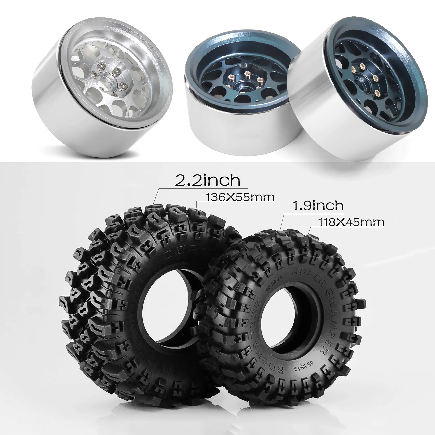 

2.2'' Metal Beadlock Wheels and Crawler Tires （4PCS）for 1/8 1/10 RC Crawler Car Upgrade KM5 YK4082 YK4083 SCX10 RBX10 RR10 TRX4