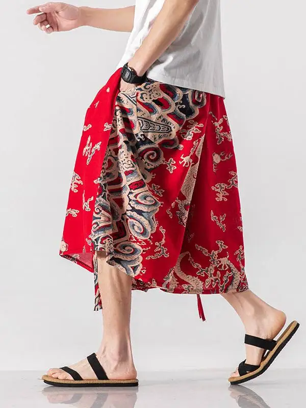 

plus Size Men's Printed orts Wide Leg Beach Pants Thin Loose Seven-Foot Pants Casual Summer Youth Faion Straight Cut Pants