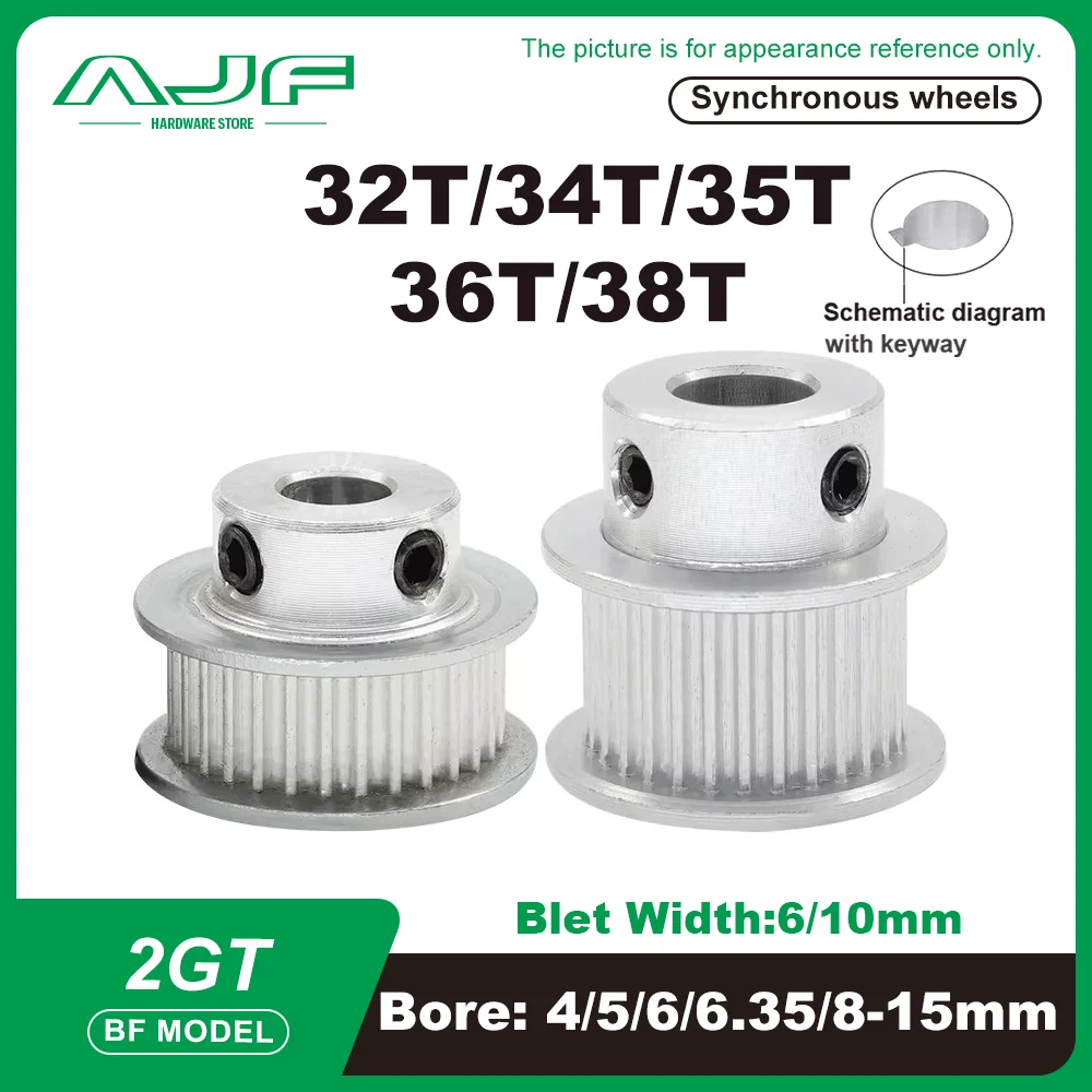 2GT Timing Pulley 32T 34T 35T 36T 38Teeth  GT2 Pulley BF Type Hole Diameter 4/5/6-15mm Belt Width 6mm/10mm Timing Wheel