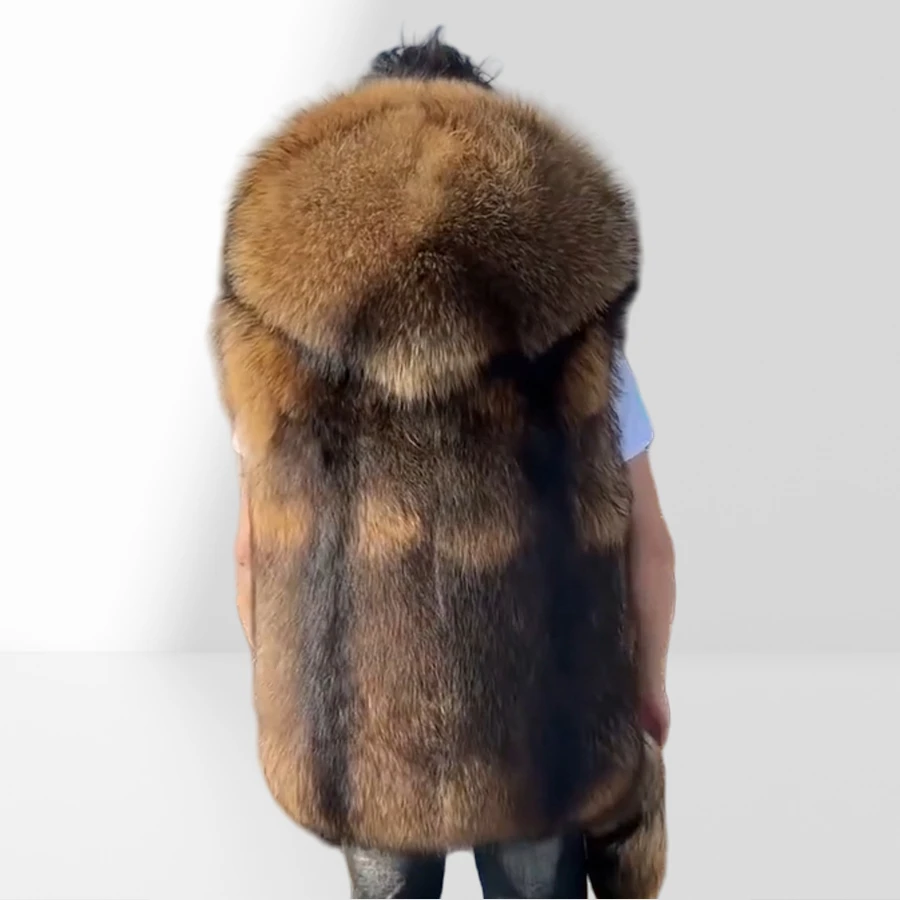 Real Raccoon Fur Vest With Hood Cropped Fur Jacket With Tail Natural Raccoon Fur Coat For Men High Quality Genuine Fur Waistcoat