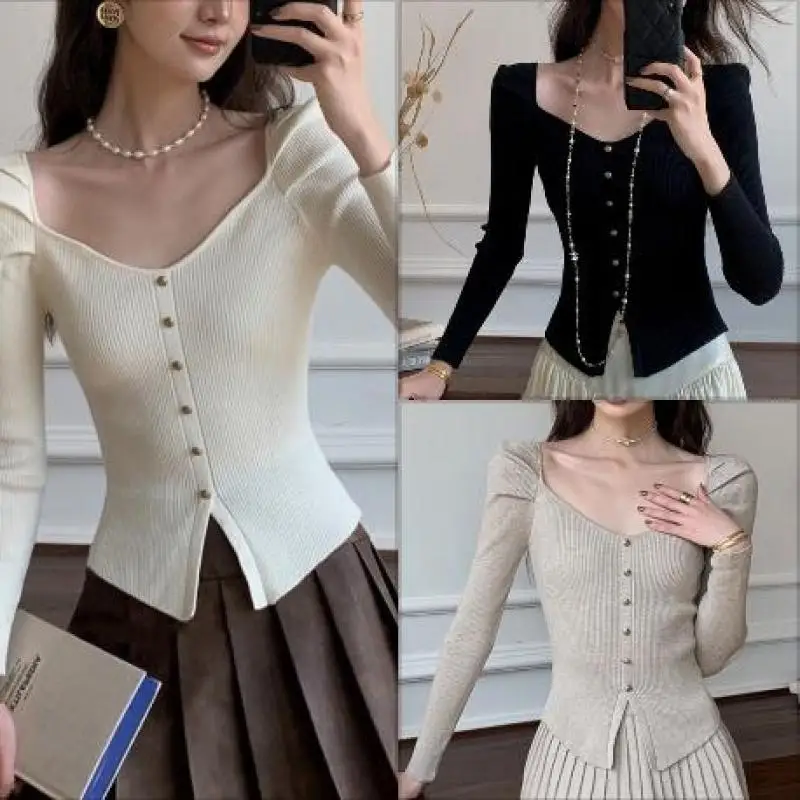 

French Knitted Sweater Women Slim Square Neck Puff Sleeve Bottoming Top