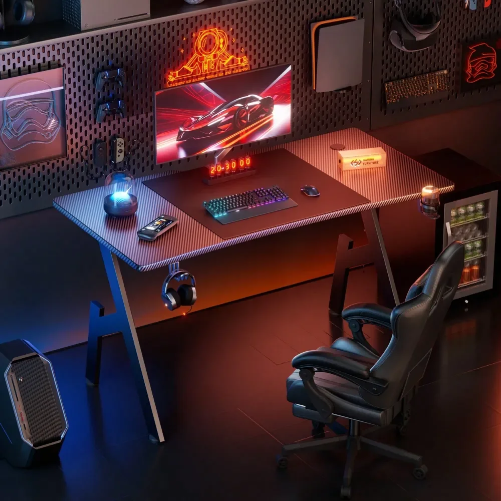 Gaming Desk With Carbon Fibre Surface, Large Computer Desk Gaming Table, Ergonomic Pc Gaming Workstation Home Office Desks With