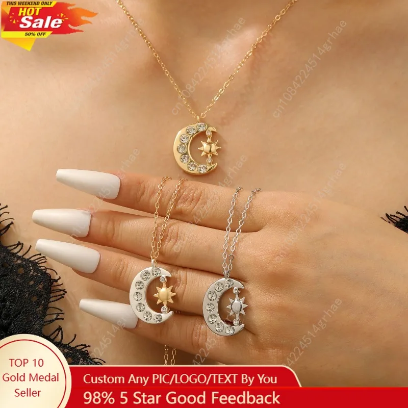 

Fashionable Luxury Diamond Studded Star and Moon Pendant Necklace, Elegant Women's Trendy Party Wear Jewelry Accessories