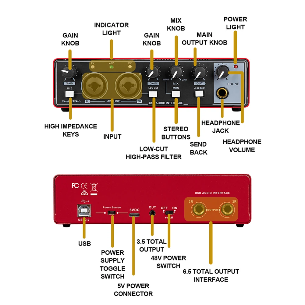 Tarjeta de sonido de grabación MD22, interfaz de Audio USB, alimentación fantasma de 48V, tarjeta de sonido profesional portátil con Monitor Loopback para Audio