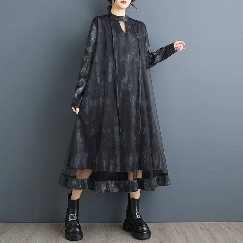 Solto casual e elegante tinta impressa malha dupla camada grande balanço vestido com estilo socialite decote em v rendas até saia longa