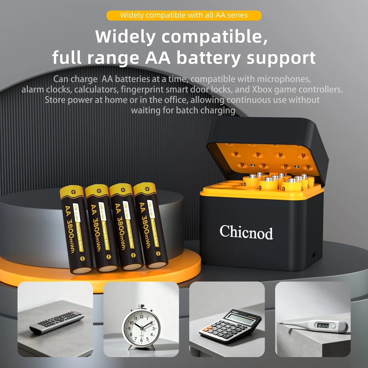 CHICNOD AA Rechargeable Li-ion Batteries 1.5V 3800mWh USB-C Charging Constant Voltage High Capacity 8/12 Slot Charger Options