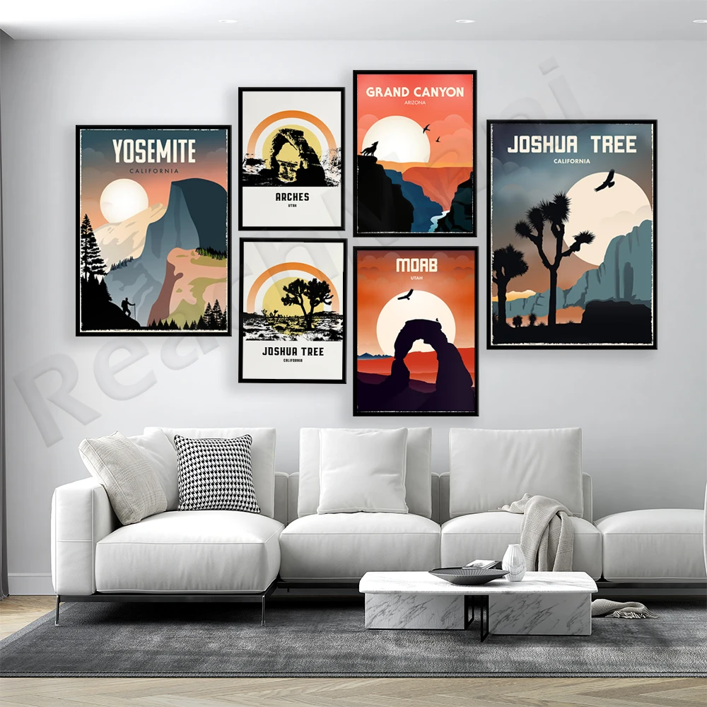 Yosemite California, Moab Utah, Grand Canyon, Joshua Tree California, Arches National Park minimalist travel poster