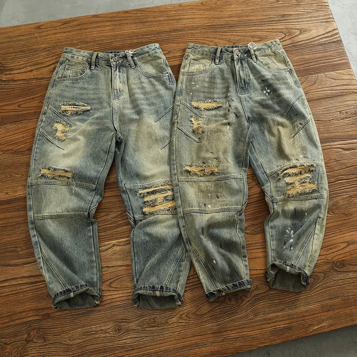 Retro autumn and winter new heavy jeans men's loose fit splicing ink spray paint heavy wash conical pants