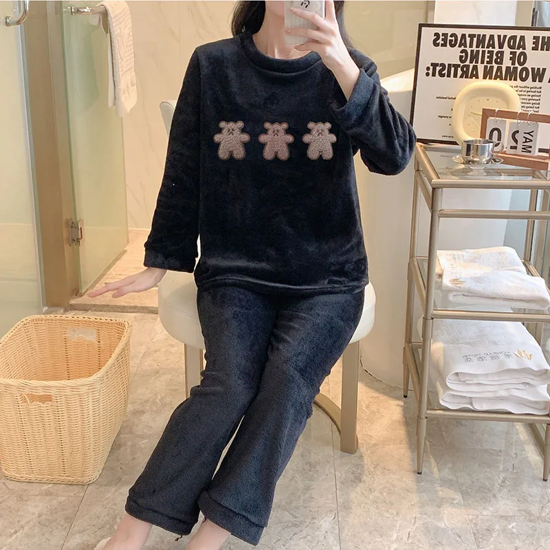 Thickened Warm Pajama Woman Winter O-Neck Home Wear Long Sleeve Plus Size Pajama Girl Cartoon Bear Cute Sleepwear Night Wear Xl