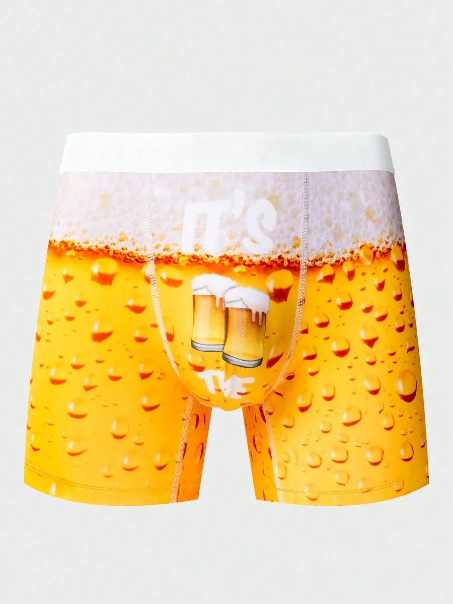 Mens Beer Slogan Print Comfortable Boxer Shorts With Water Droplet Pattern