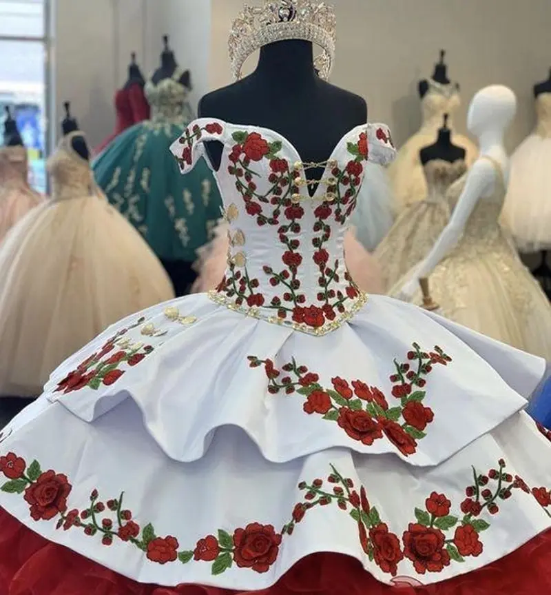 Red White Charro Quinceanera Dresses Ball Gown Off The Shoulder Appliques Ruffles Puffy Mexican Sweet 16 Dresses 15 Anos