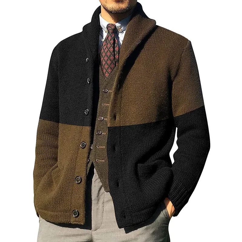 2024 Spring and Autumn New Style Sweater Cardigan, European and American Men's Color-blocking Button Long Sleeve Knitted Coat