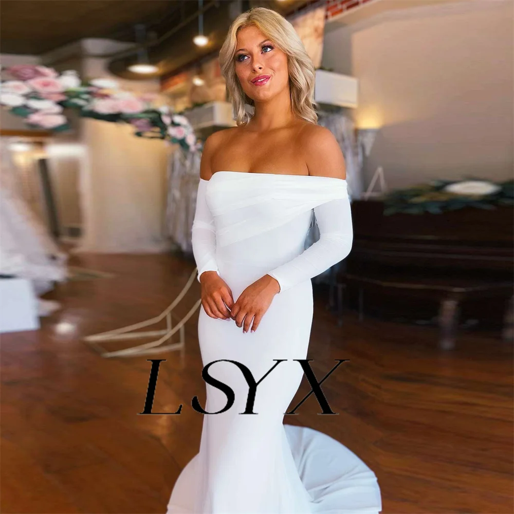 LSYX-vestido de novia plisado de crepé con hombros descubiertos, elegante vestido de novia de sirena con cremallera en la espalda, Simple tren de corte, hecho a medida, 2023