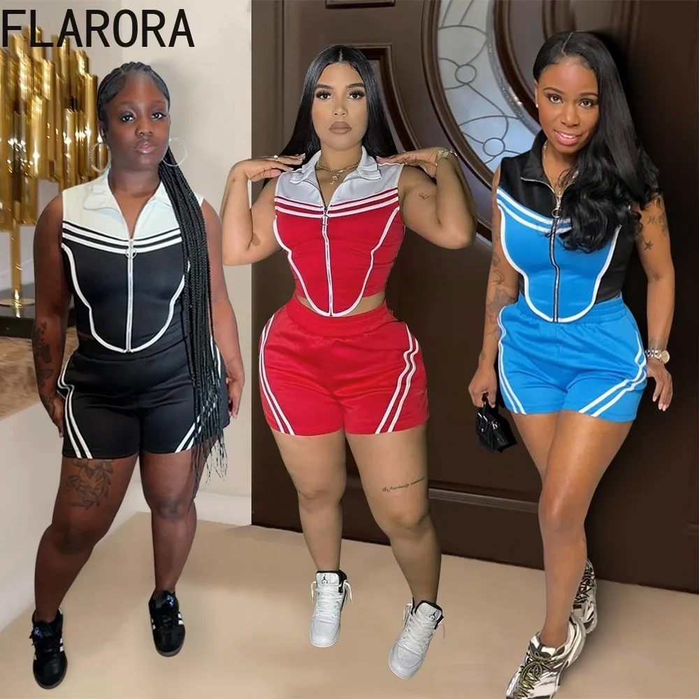

FLARORA Fashion Stripe Patchwork 2 Piece Sets Woman Sleeveless Zipper Slim Fit Tops And Shorts Outfits Summer Street Tracksuits
