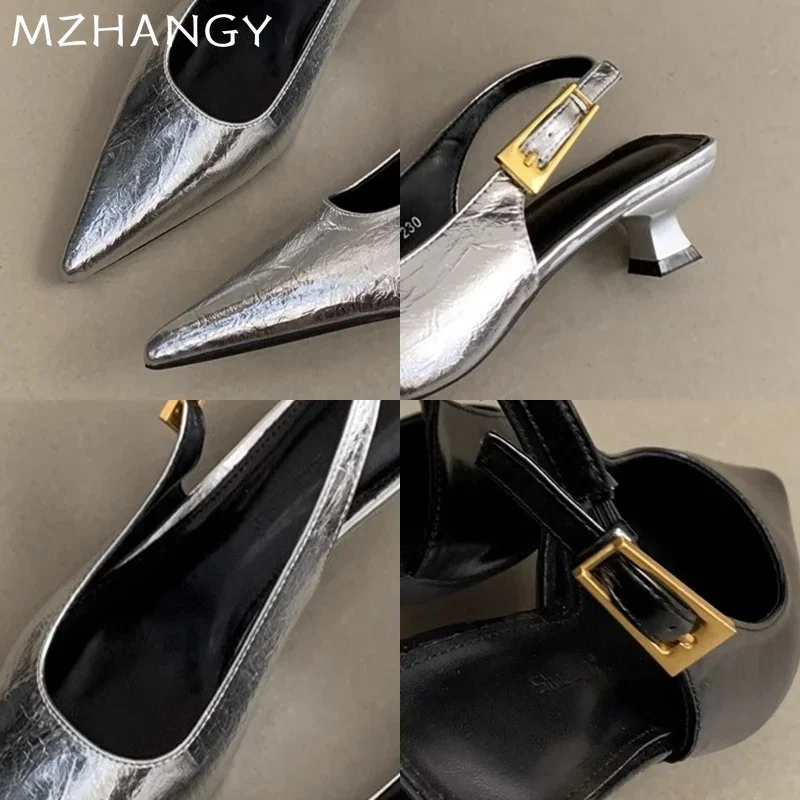 Pointed Toe รองเท้าส้นสูงกลางรองเท้าแตะ Elegant ตื้นรองเท้าผู้หญิง 2025 แฟชั่น Slingback รองเท้าแตะฤดูร้อนปั๊มชุด Mujer De Zapatillas