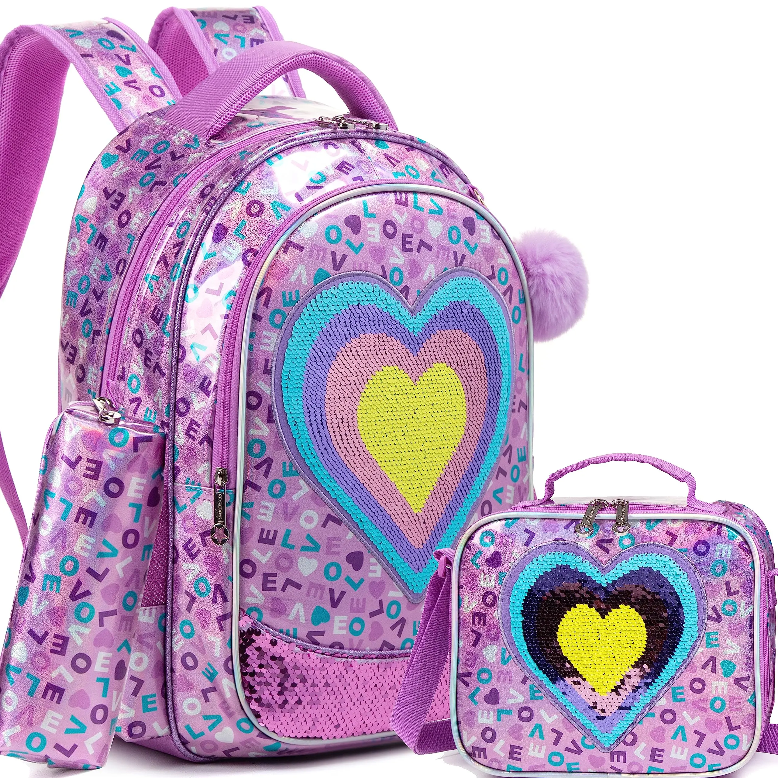 Meetbelify Girls Sequins Love Backpack with Lunch Box for Elementary Kindergarten Travel Bookbag for Girls 6-12 Years Old