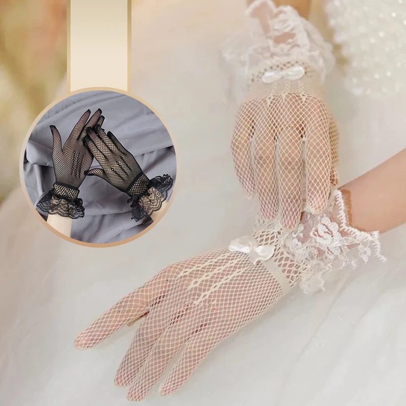 

Fashion Women's Uv-proof Driving Gloves Rhinestone Bow Lace Design Sheer Fishnet Full Finger Mittens Mesh Fishnet Gloves 1 Pair