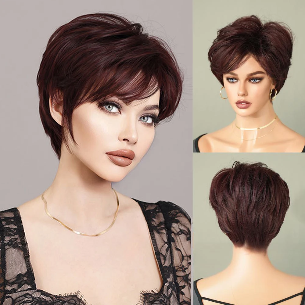 ผมสังเคราะห์สั้นหยิกสีน้ำตาลทองขนาด 8 นิ้วพร้อมหน้าม้าเป็นวิกผมทนความร้อนตามธรรมชาติเหมาะสำหรับงานปาร์ตี้ประจำวันของผู้หญิง
