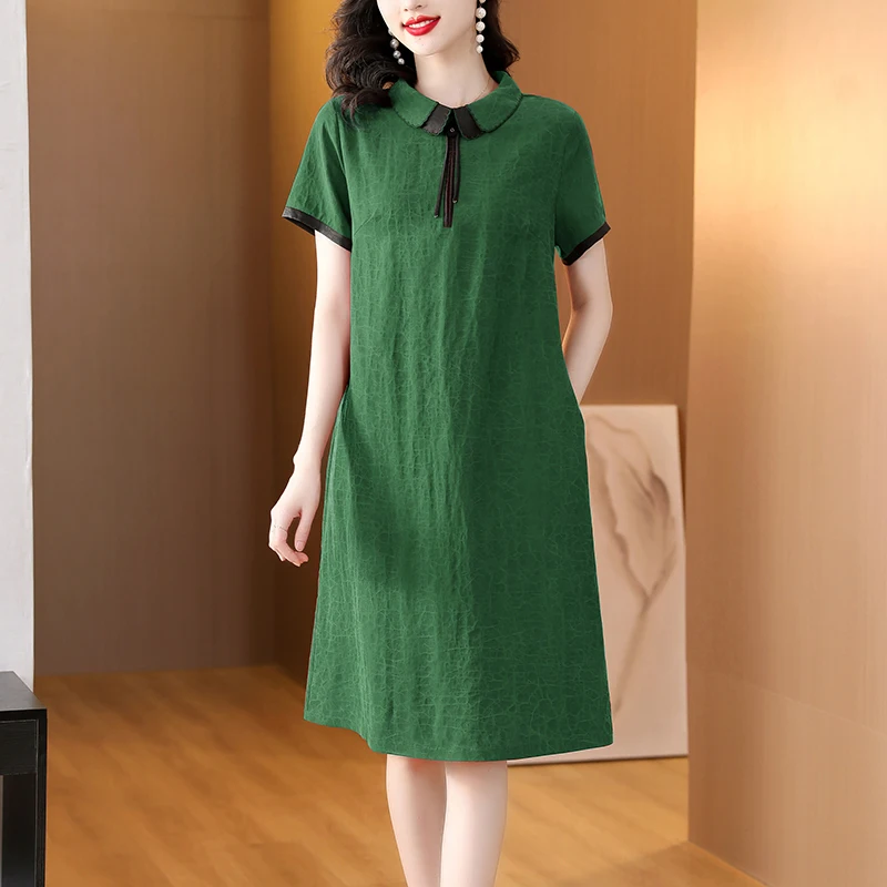 

Spring Summer Solid Green Silk V-Neck Sexy Midi Dress Women Korean Vintage Casual Party Dress 2026 Elegant Loose Waist Dress