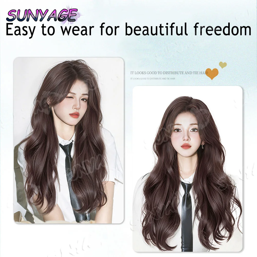 

Синтетический парик для женщин с длинными вьющимися волосами Большие волны Темно-коричневый Разделенная челка Атмосфера Лолиты Ленивый рулон