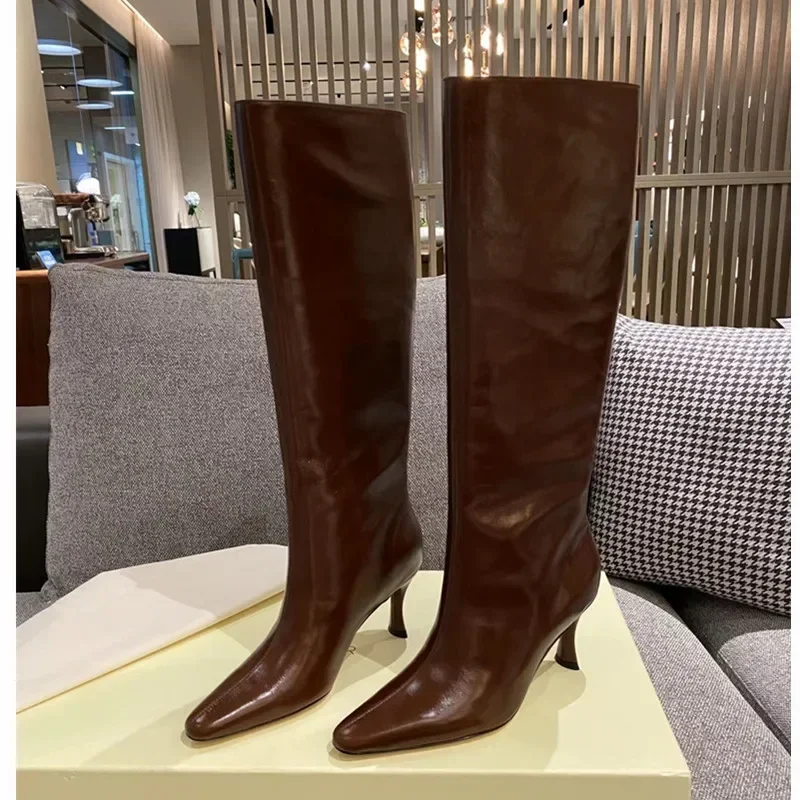 2024 New Pointed High Heels Knee Length Boots Fashion and Sexy Women's Leather Boots Knight Mid Length Boots Autumn and Winter