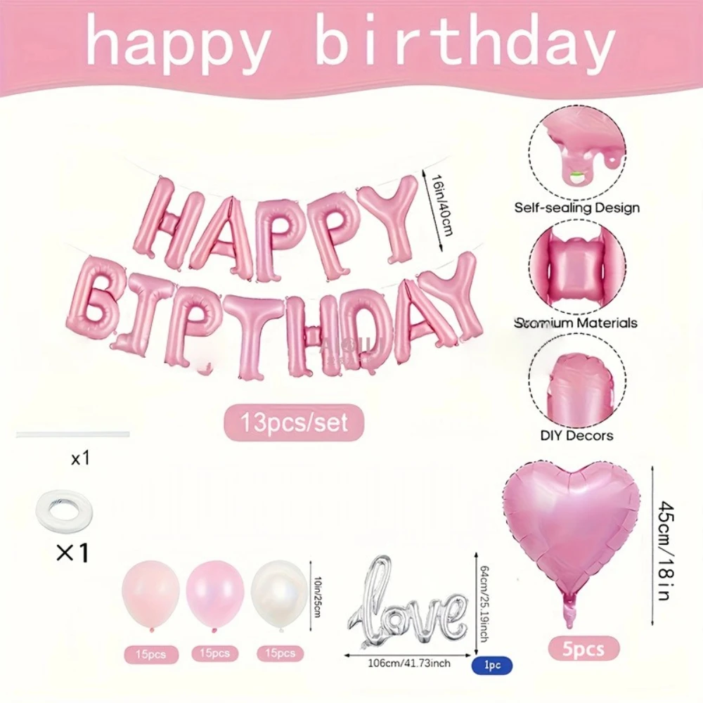 Pink Birthday Balloon Set 54pcs/Happy Birthday Aluminum Film Balloon with Pink And White Latex Balloons Perfect for Celebrations