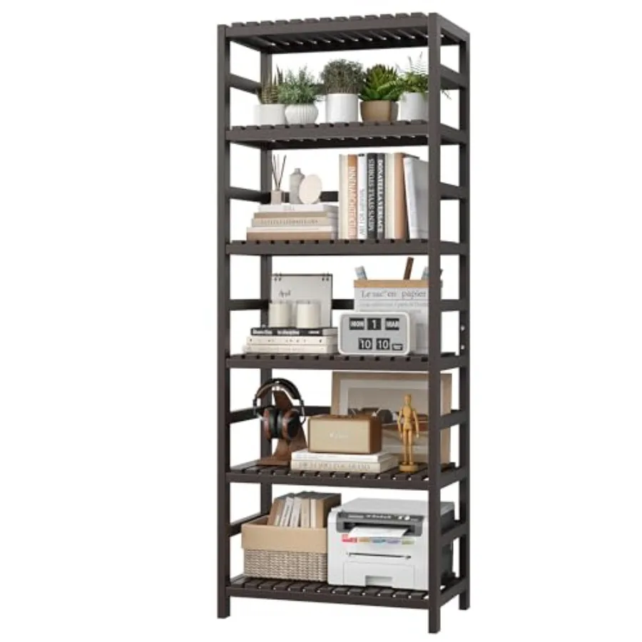 

6-ярусная бамбуковая полка с регулируемыми полками, отдельно стоящая, для хранения, для кухни, ванной, домашнего офиса, подставка для растений и цветов, винтажный стиль