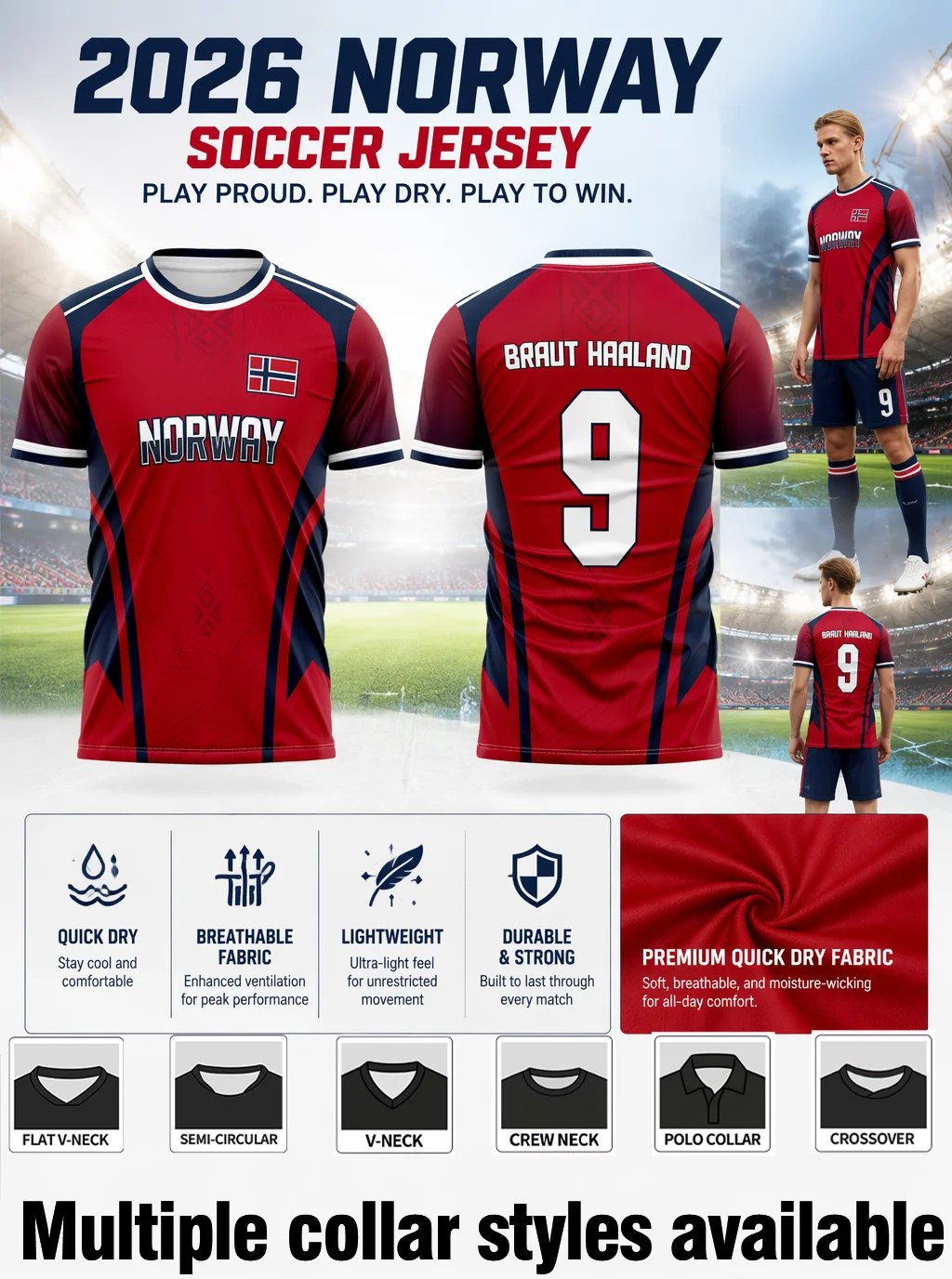 Norway Haaland No.9 soccer jersey,white trim cuffs,durable print,for training,matches & daily wear