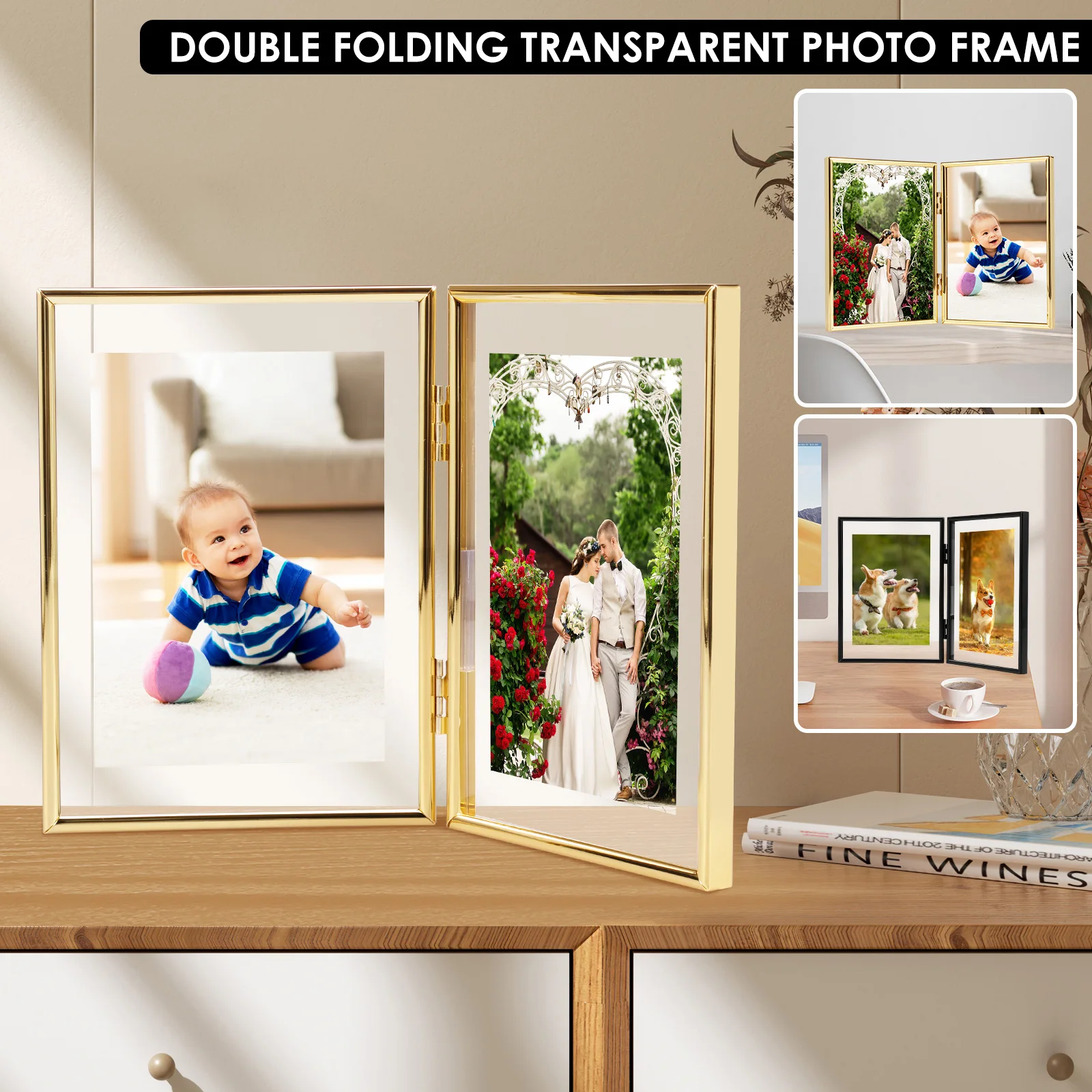 Double Picture Frame 7 x 5Inch Metal Hinged 2 Photos Frame Desk Picture Frame with Glass Folding Photo Frames Vertical with Real