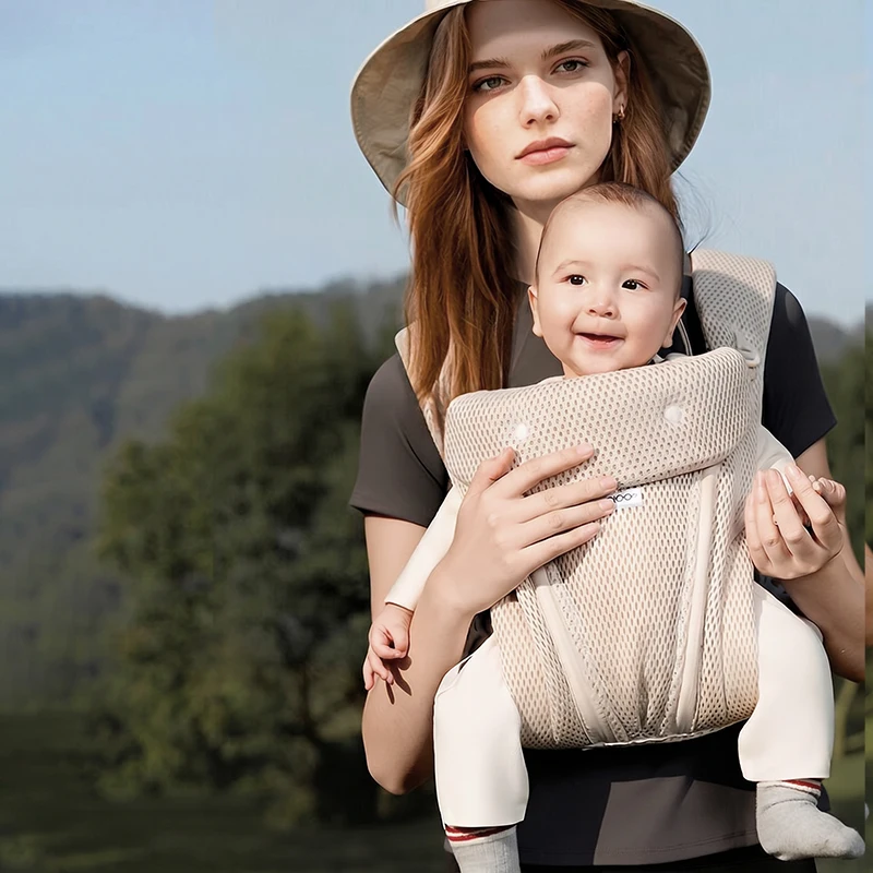marsupio-ergonomico-traspirante-in-rete-beige-chiaro-kaki-da-neonato-a-bambino-zaino-porta-bebe-multifunzione-a-mani-libere