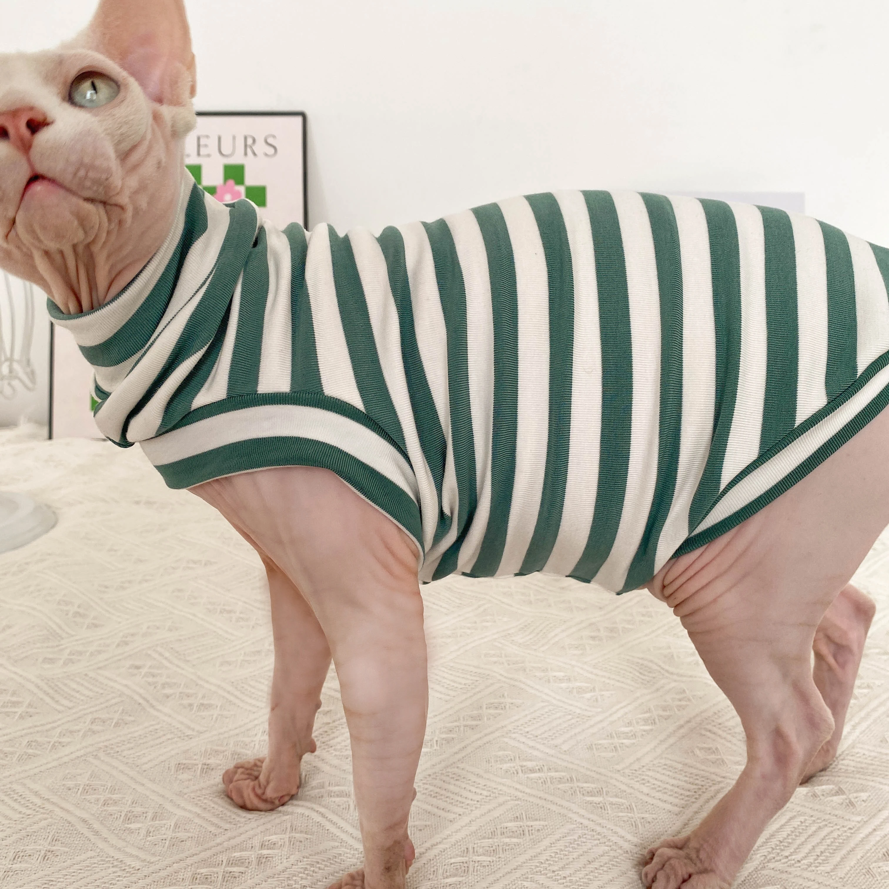 Spring Autumn Winter Sphynx Cat Clothes Thicken Kittens Jumpsuit For Sphinx Cats Striped Hoodies Warm Costume DevonRex Shirt