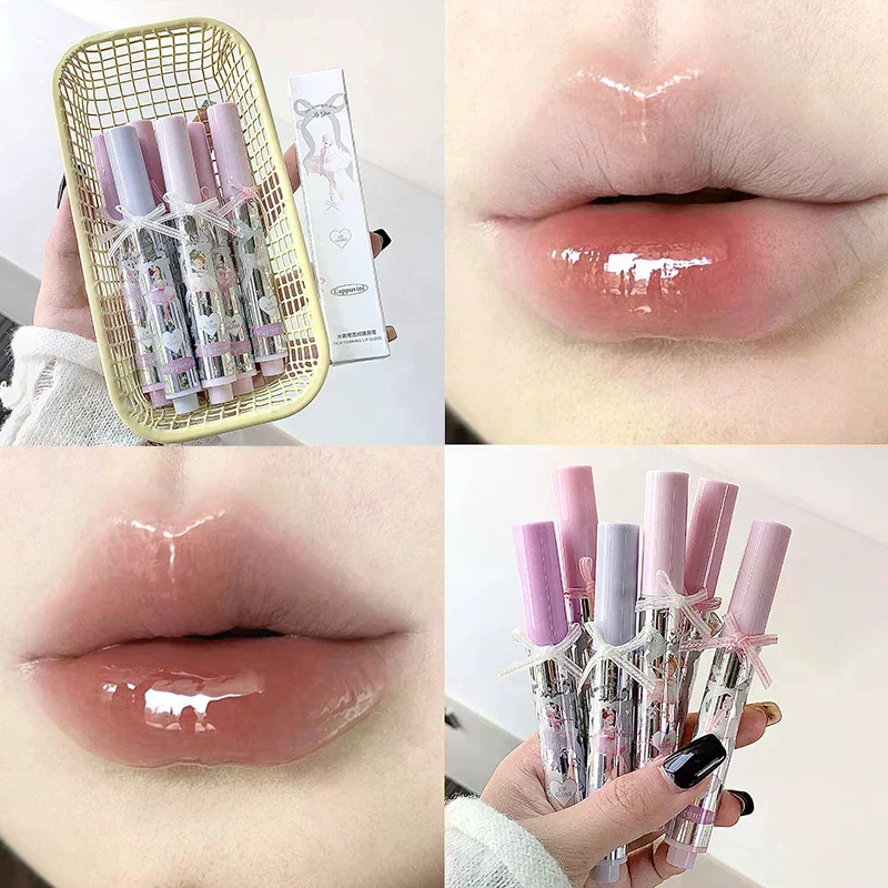 Cappuvini Ballet Girls Mirror Crystal Lip Gloss Makeup Water Glass Lip Glaze Waterproof Film Forming Sponge Head Jelly Lip Tint