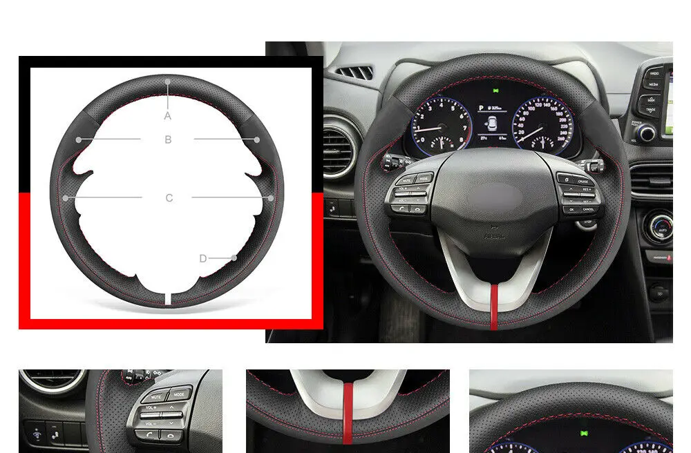 Hand-stitched Black Leather Suede Car Steering Wheel Covers for Hyundai Veloster i30 Elantra