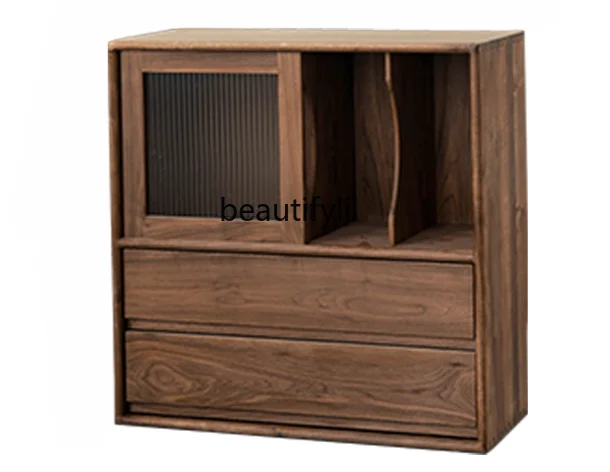 

Black Walnut Module Combined Bookcase Dust-Proof Display Cabinet with Door Glass Living Room Floor Low Cabinet