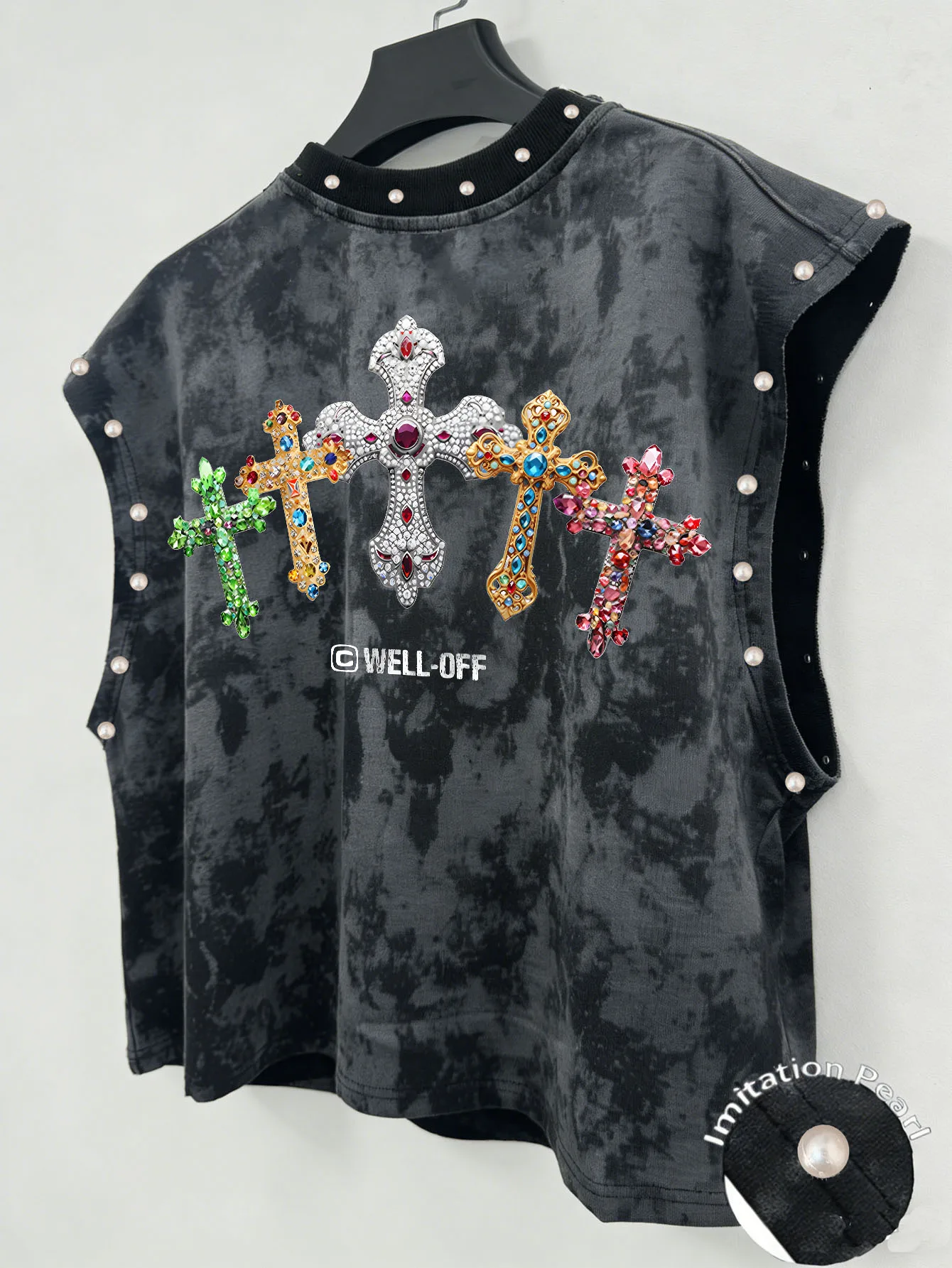Unisex Crop-Top mit Kreuz-Print und Kunstperlen