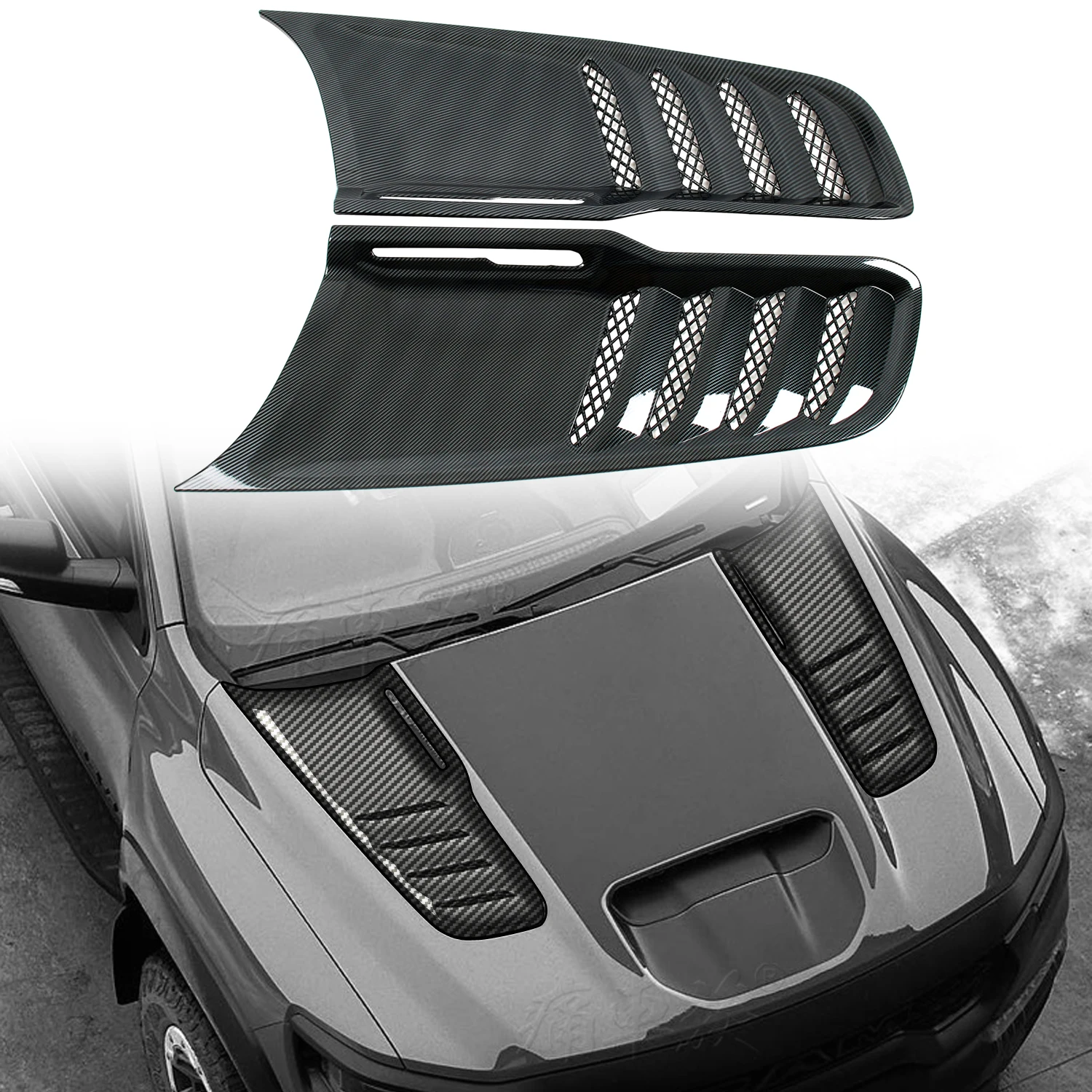 

For Dodge RAM 1500 TRX 2021 2022 2023 Car-Styling ABS Carbon Exterior Front Hood Scoop Intake Vent Bonnet Cover Trim 2pcs