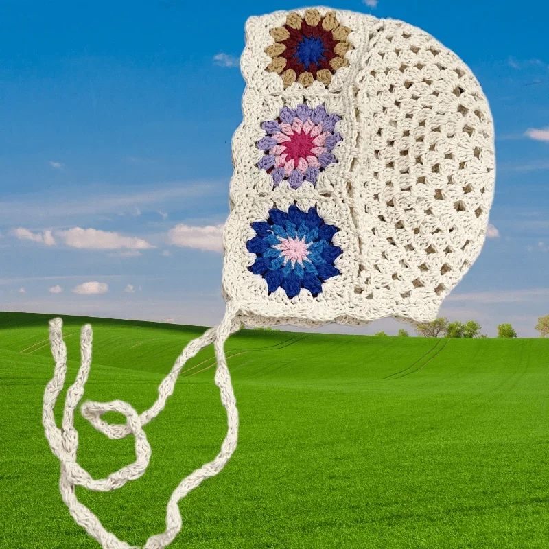 

Bohemian Style Crochet Bonnet Colorful Flowers Design Tie Closure Hollow Knit for Women Girls Daily Wear Headwear