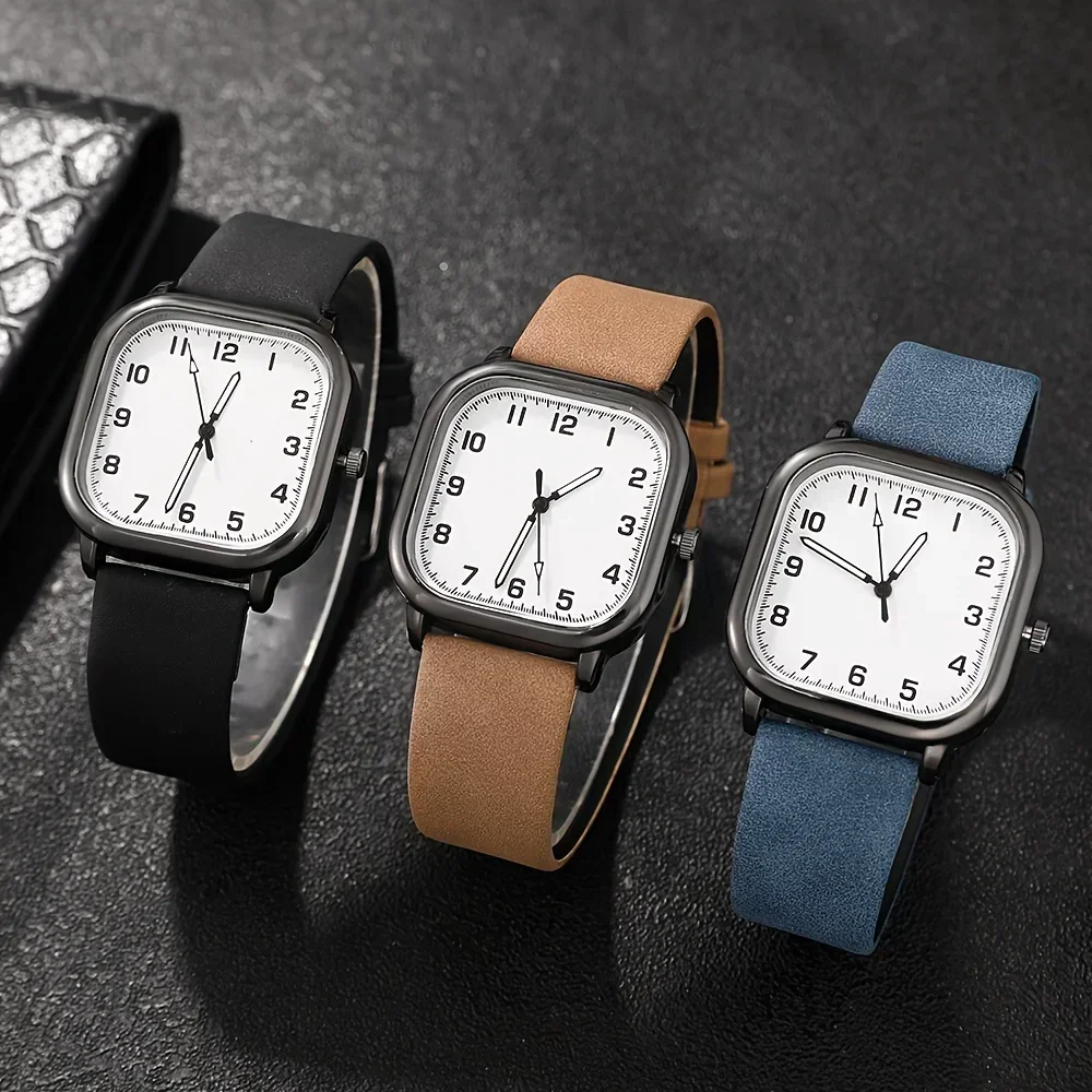 3pcs/set, Men\'s Simple Pointer Style Square Quartz Watches, Gift For Him